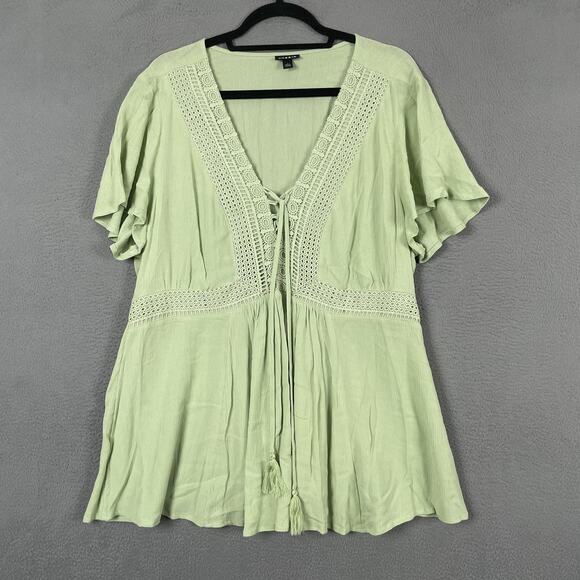torrid Tops - Torrid Tunic Womens 1X Green V-Neck Flutter Sleeve Crochet Tasseled Rayon Cotton
